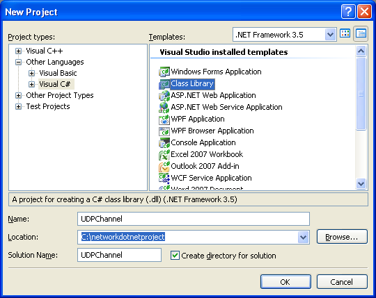 Creating the C# UDP Remoting Channel Class Library: creating new class library project