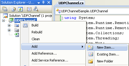 Creating the C# UDP Remoting Channel Class Library: invoking the Add New Item page