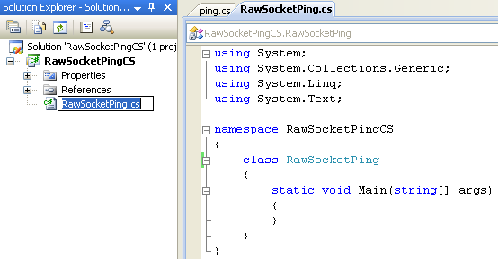 C# Raw Socket Ping Program Example - renaming the source file automatically rename the class name