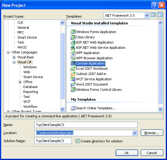 C# TCP Client Program Example - creating a new console application project in VS 2008 IDE