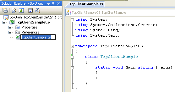 C# TCP Client Program Example - renaming the source file will automatically rename the class name