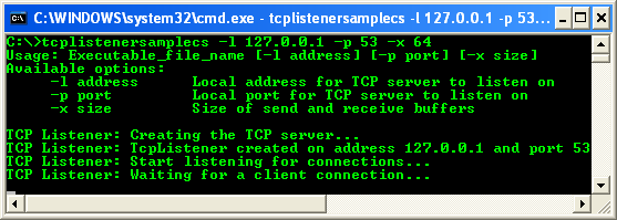 C# TCP Client Program Example - running the TCP listener to test the TCP client. TCP listener is waiting client connections