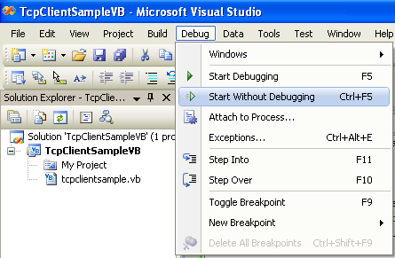 VB .NET TCP Client Program Example - running the project