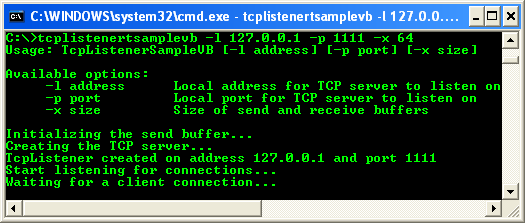 VB .NET TCP Client Program Example - a sample output when run from the command prompt, waiting the client connection