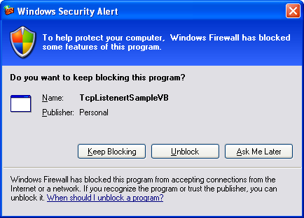 VB .NET TCP Client Program Example - unblocking the Windows firewall protection