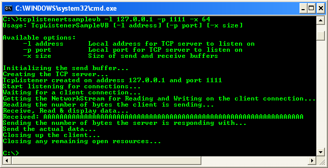VB .NET TCP Client Program Example - the TCP listener screen when the communication with the client was completed