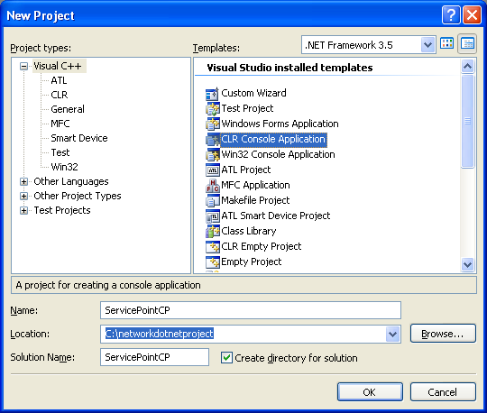 C++ Service Point Program Example - creating a new CLR console application project in Visual Studio 2008 IDE