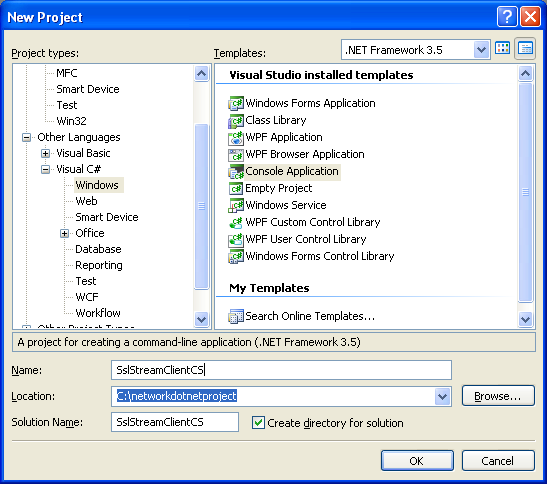 C# SSLStream Client Example - console application project creation