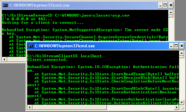 C# SSLStream Client Example - client and server output sample with thrown exceptions