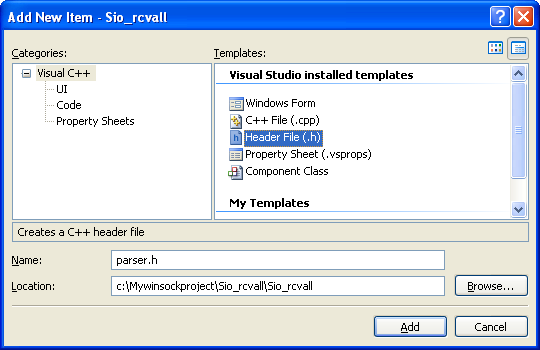 Winsock 2 socket options and ioctls: Using the IOCTLS SIO_RCVALL, SIO_RCVALL_MCAST and SIO_RCVALL_IGMPMCAST program example - adding the parser.h header file