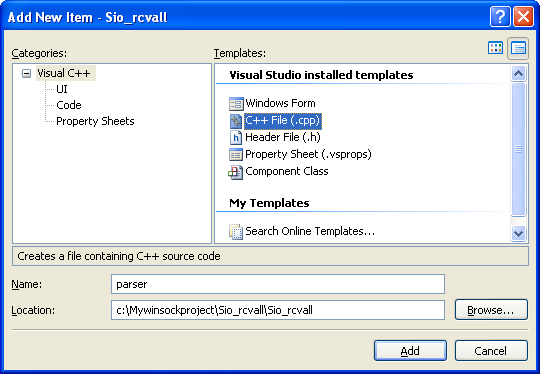 Winsock 2 socket options and ioctls: Using the IOCTLS SIO_RCVALL, SIO_RCVALL_MCAST and SIO_RCVALL_IGMPMCAST program example - adding the parser.cpp definition file