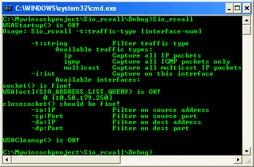 Winsock 2 socket options and ioctls: Using the IOCTLS SIO_RCVALL, SIO_RCVALL_MCAST and SIO_RCVALL_IGMPMCAST program example - adding the parser.cpp definition file - a sample output without argument