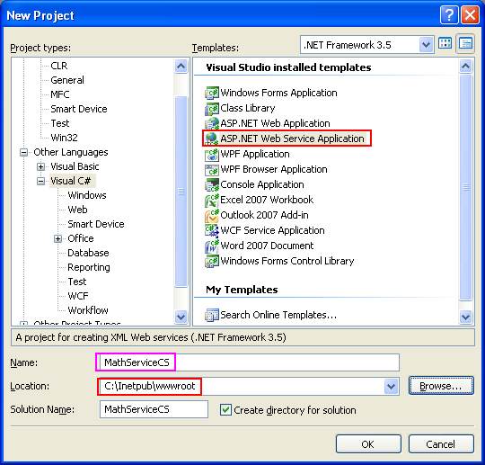 Creating and consuming the ASP .NET web service and C# console application program example: Selecting the ASP .NET web service application tempalte from Visual Studio