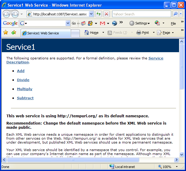 Creating and consuming the ASP .NET web service and C# console application program example: The ASP .NET Service1.asmx web service seen through web browser with the exposed methods