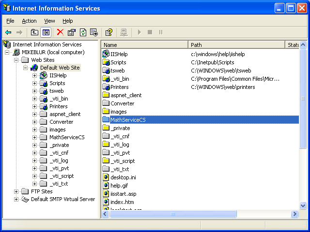Creating and consuming the ASP .NET web service and C# console application program example: the ASP .NET web service project folder seen in the IIS snap in