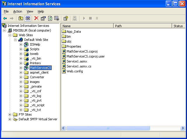 Creating and consuming the ASP .NET web service and C# console application program example: IIS virtual directory seen through the IIS snap-in
