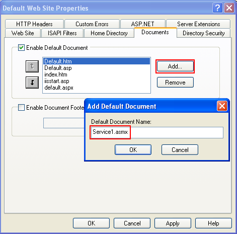 Creating and consuming the ASP .NET web service and C# console application program example: adding and setting the first page to be served for the IIS web site