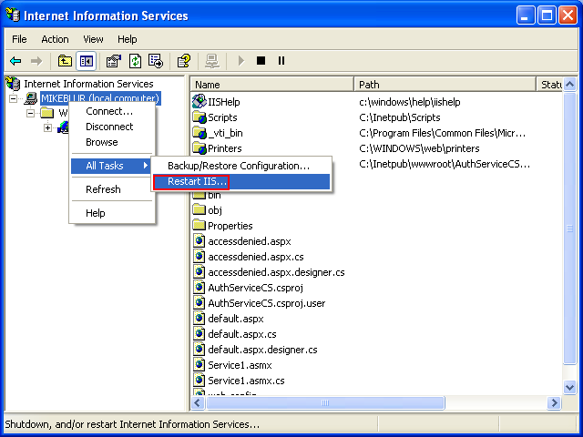 Creating and consuming the ASP .NET web service and C# console application program example: restarting the IIS related services using the IIS snap-in