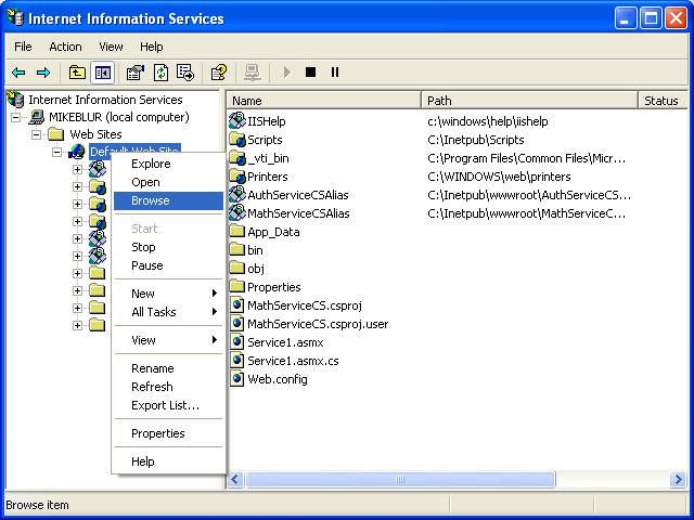 Creating and consuming the ASP .NET web service and C# console application program example: testing a web site through the IIS browse menu