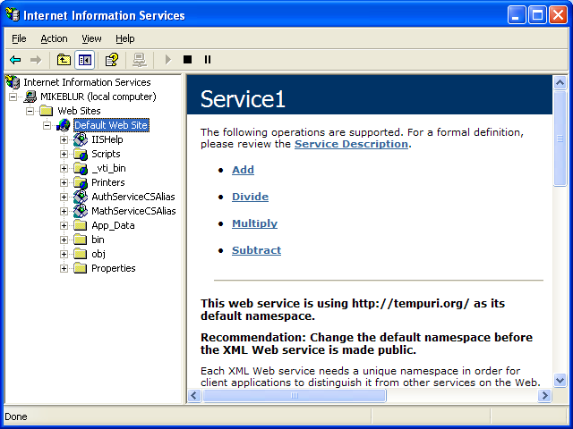 Creating and consuming the ASP .NET web service and C# console application program example: the web site successfully setup and configured on the IIS