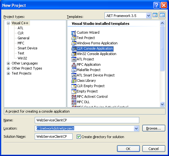 Consuming the ASP .NET/C# web service application using C++/CLI program example: creating new C++/CLI console application in Visual Studio