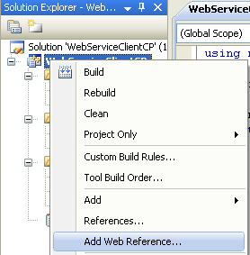 Consuming the ASP .NET/C# web service application using C++/CLI program example: adding the web service reference created using ASP .NET/C# code to the existing C++/CLI project