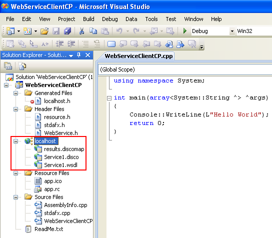 Consuming the ASP .NET/C# web service application using C++/CLI program example: the ASP .NET/C# web service reference seen in the Visual Studio Solution Explorer