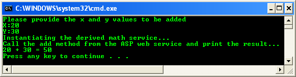 Consuming the ASP .NET/C# web service application using C++/CLI program example: a sample output for the addition operation using web service and the C++/CLI console mode application