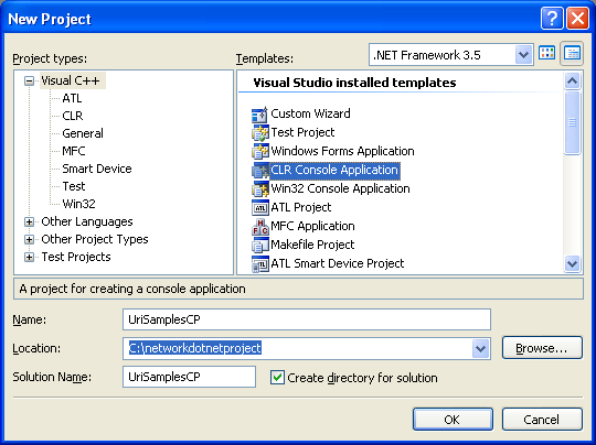 C++ URIs Program Example - creating a new CLR console application project