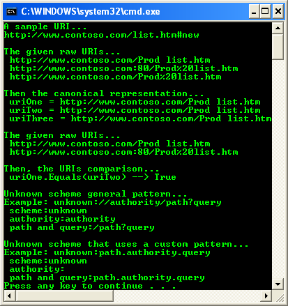C++ URIs Program Example - a sample output with default argument values