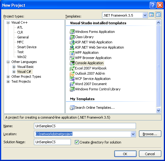 C# URIs Program Example - creating a new console application project