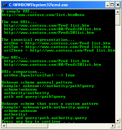 C# URIs Program Example - a sample output with default argument values