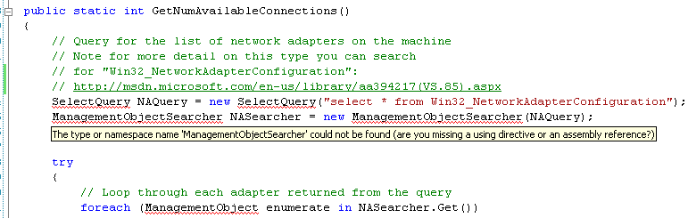 Collecting and Displaying the Network Info C# Program Example: the unresolved types from the System.Management namespaces
