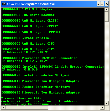 Collecting and Displaying the Network Info C++ Program Example: a console output sample displaying the network information for the current machine