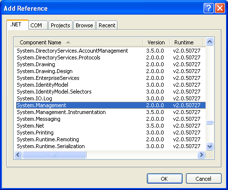 Collecting and Displaying the Network Info VB .NET Program Example: selecting the System.Management component to add a reference to the current project
