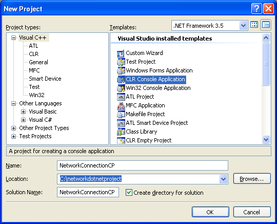 Collecting and Displaying the Network Info C++ Program Example: creating a new C++ CLR console application project