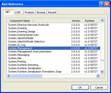 Collecting and Displaying the Network Info C++ Program Example: selecting the System.Management namespace component from the .NET Add Reference page