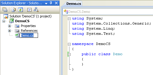 Creating the C# Demo Class Library (DLL): renaming the source file