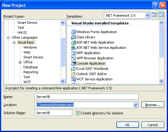 Creating the Server VB .NET Console Application: creating new console project