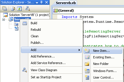 Creating the Server VB .NET Console Application: invoking the Add New Item page