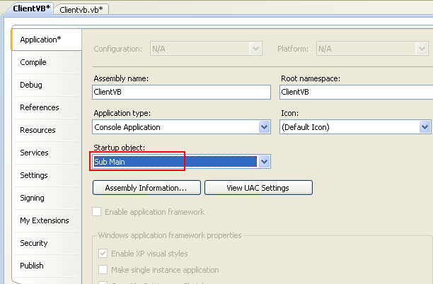 Creating the VB .NET Remoting Client Program: changing the startup object to Sub Main()
