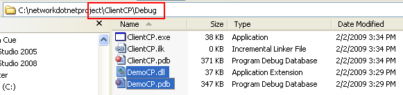 Creating the C++ Remoting Client Program: the reference DLL files copied automatically to the project Debug folder