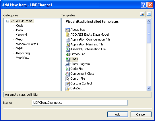 Creating the C# UDP Remoting Channel Class Library: adding new C# class library