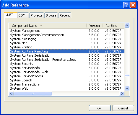 Creating the C# Remoting Server Program: selecting System.Runtime.Remoting .NET namespace