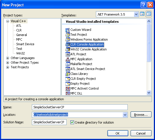 C++ Simple Server Socket Program Example - a new CLE console application project creation in Visual Studio 2008