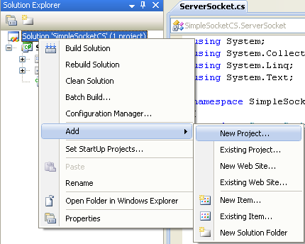 C# Simple Server Socket Program Example - adding another project in the existing solution