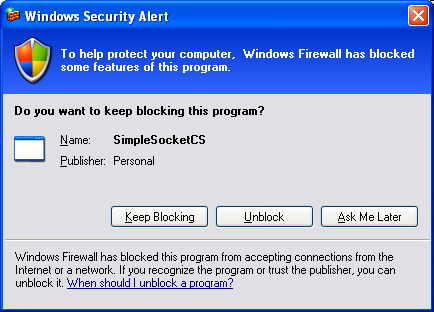 C# Simple Client Server Socket Program Example - the Windows Security Alert message box
