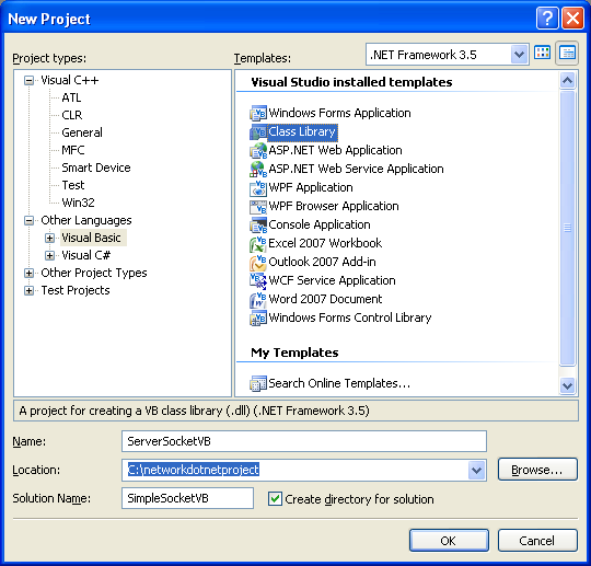 VB .NET Simple Server Socket Program Example - creating a new class library project in VS 2008