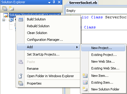 VB .NET Simple Server Socket Program Example - adding a new project to the existing project