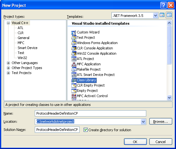 Creating Protocols Header Definition Class (C++) - a new C++ class library project creation